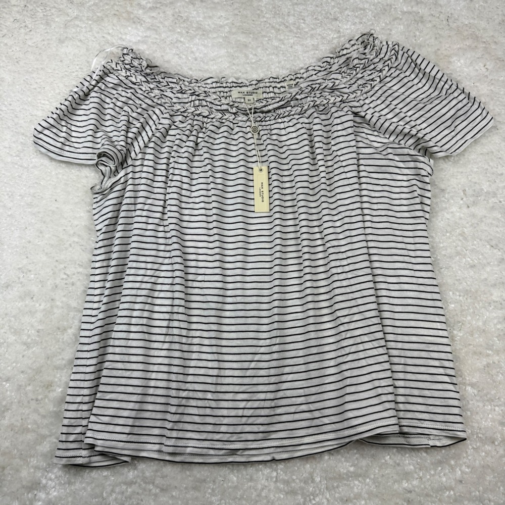 Max Studio London Top‎ Women 3X White Black Striped Smocked Neck NWT